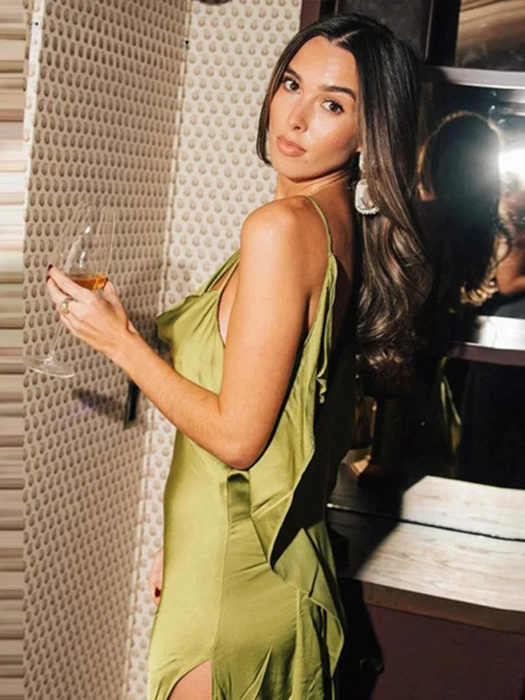 Sexy Solid Ruffles Women Sling Dress Crew Collar Sleeveless Backless Split Female Maxi Dresses  Summer New Fashion Lady Robe