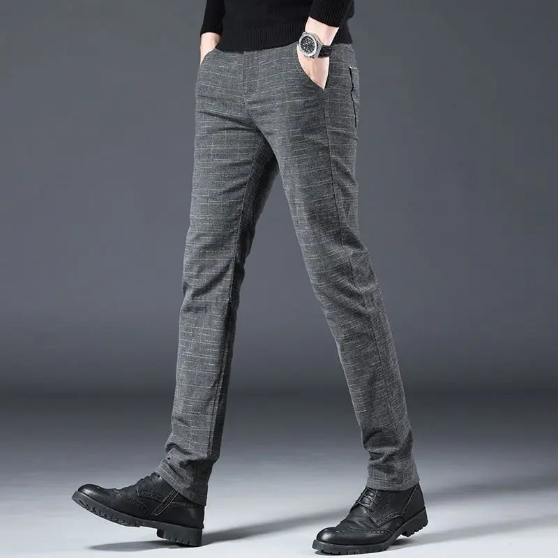 Streetwear Fashion Men Striped Plaid Suit Pants Spring Autumn New Korean Big Size Business Casual Grey Straight Slim Trousers 38