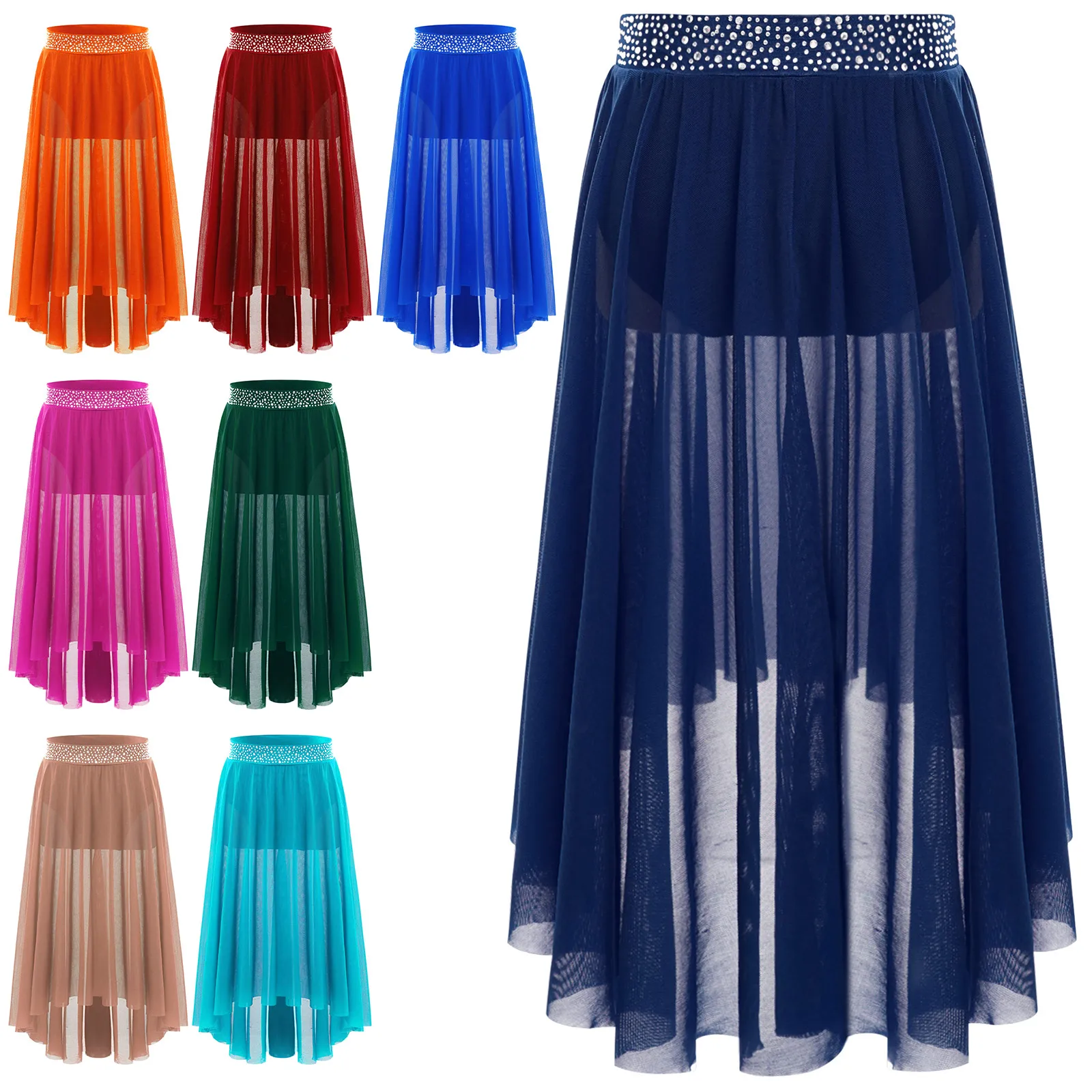 

Sparkly Rhinestones Lyrical Dance Skirts for Kids Girls Praise Modern Contemporary Performance Clothes Irregular Mesh Skirts