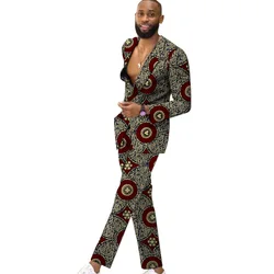 Trendy Collarless Design Suit Jacket Men's Blazers+Trousers Colorful Print Festive Clothes African Wedding Male Outfits