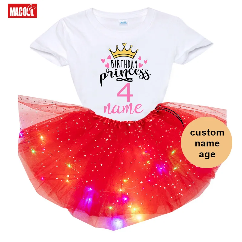 

Birthday Princess Party T Shirt Set Girl Birthday Outfits Tutu Dress Princess Set Light Dress + T Shirt 2-9 Years Luminous Skirt