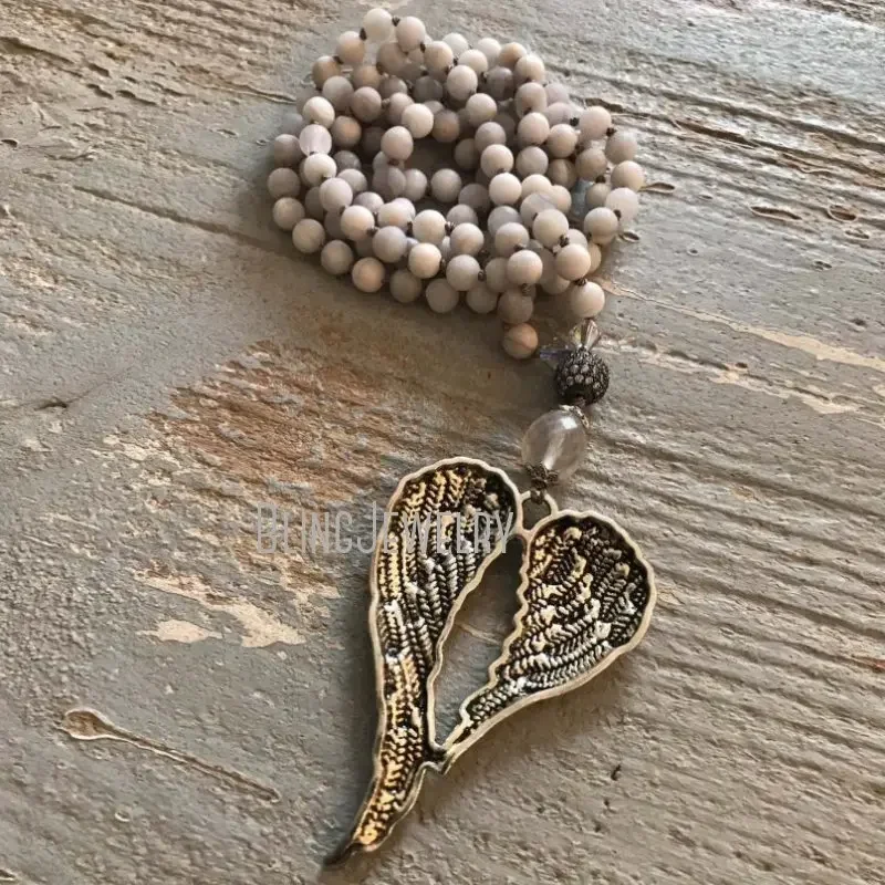 5pcs Angel Wing Pendant Long Layer Necklace Women Natural Stone Agate Bead Grunge Y2k Jewelry One Piece Aesthetic Boho Jewelry