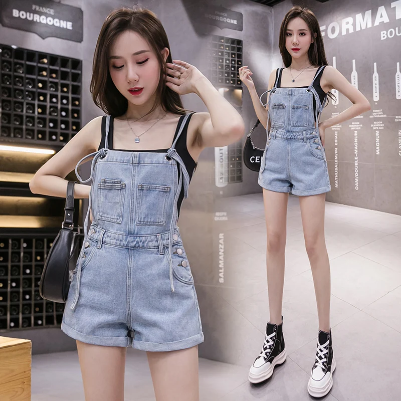 

Korean Style High Waist Slim Flanging Wide Leg Denim Playsuits Shorts Hot Girl Female Rompers