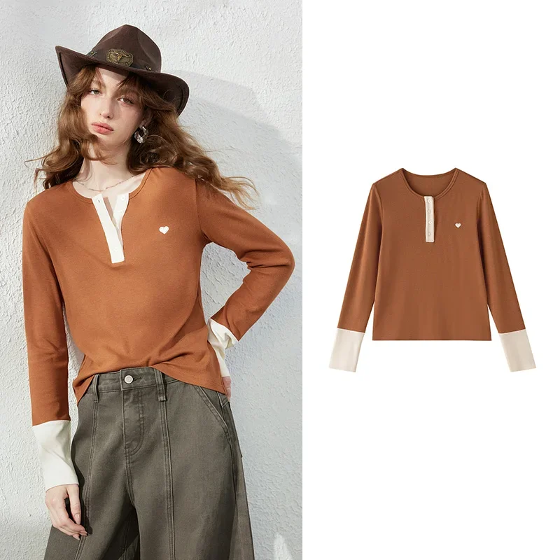 2026 Autumn New Product: Women's Heart Embroidered Color Contrasting Base Shirt Soft Breathable Slim Fit Stacked T-shirt Top
