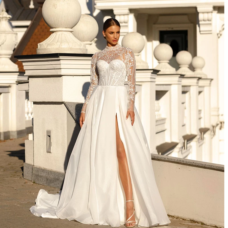 

High-Neck Wedding Dress Elegant Organza With Embroidery Slit A Line Ballgown Fullsleeve Button Bride Customized Vestido De Novia