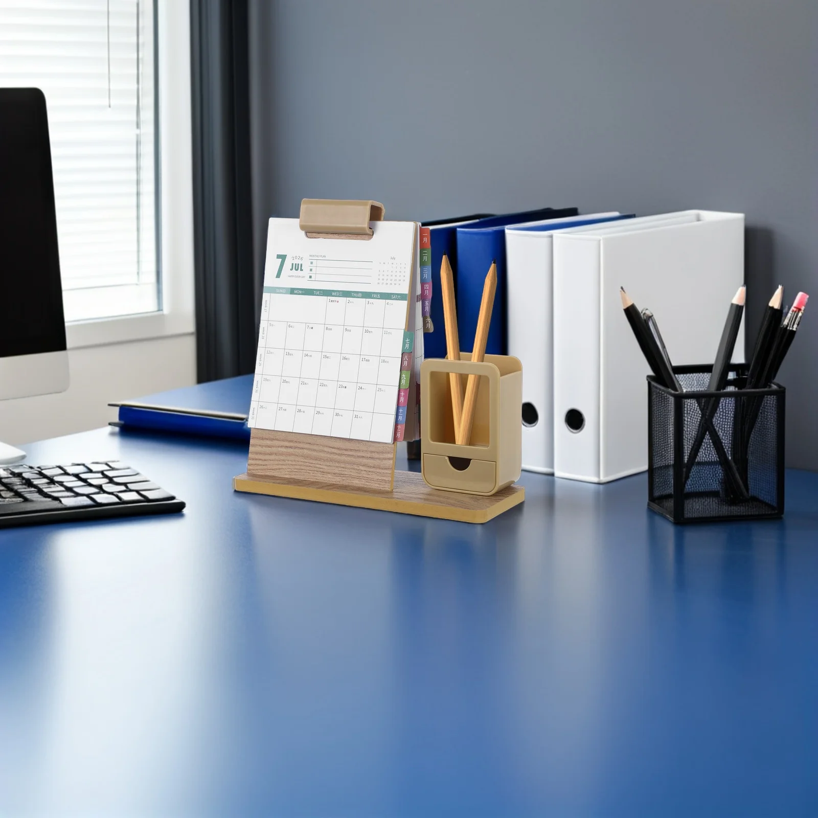 

Wood Desk Calendar Pen Holder: Space Saving Solid Wood Pencil Organizer With Rotating Date Calendar For Office Home Study
