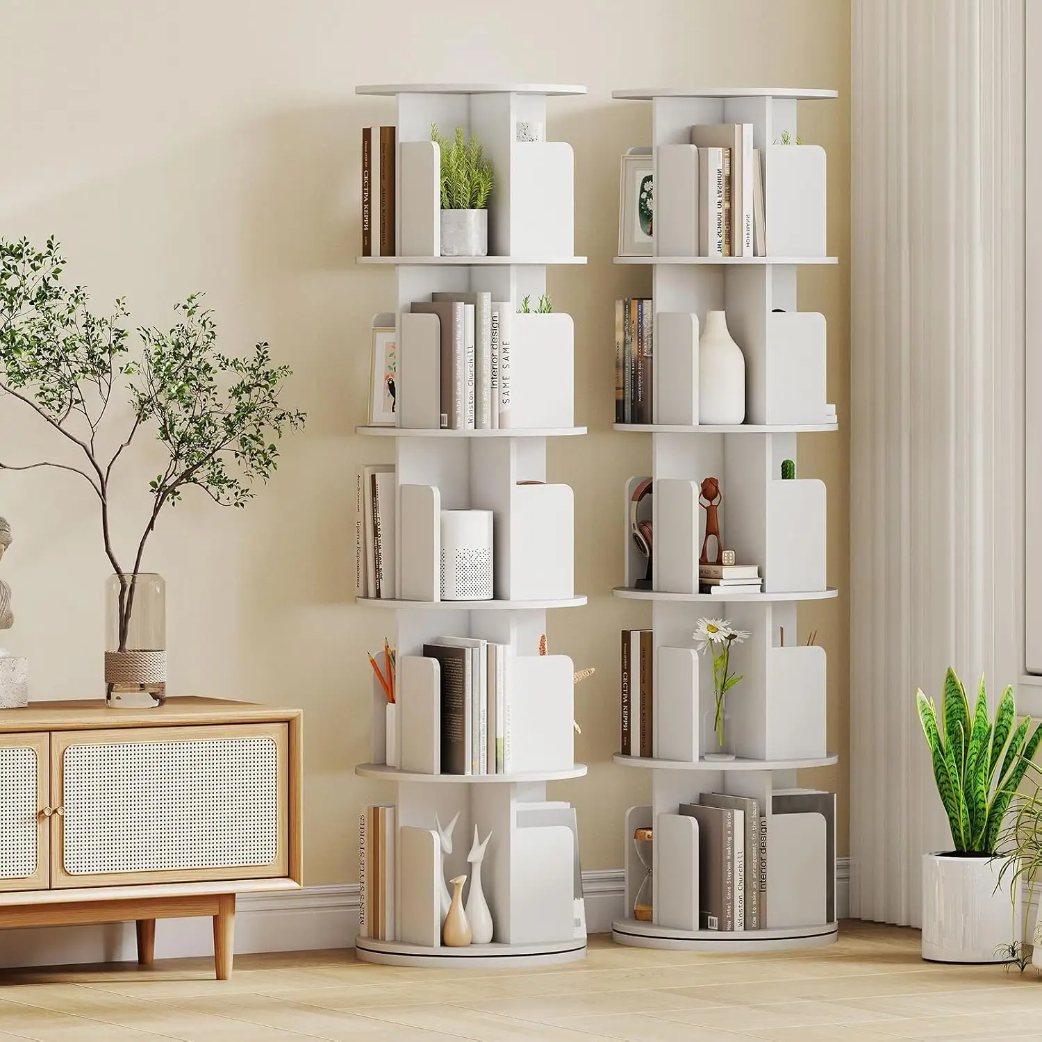 5-Tier Rotating Bookshelf 2-Pack, 360° Display Rack w/Dividers & Anti-Fall Guard, Narrow Freestanding Bookcase, Storage Organize