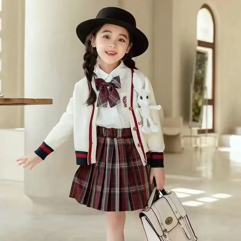 Spring Fall  Girl Suit Casual Clothing British Style cardigan+ Sweater White Shirt + Plaid Skirt + Bow Children\'S School Uniform