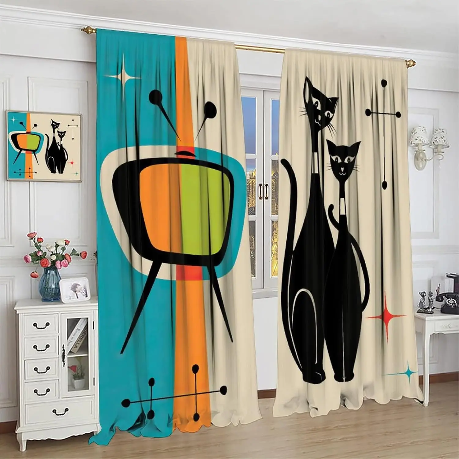Mid Century Cat Curtains,Abstract Geometric Retro Atomic Stars Modern Style Room Darkening Door Window Rod Pocket Curtain for