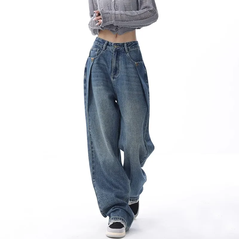 

WCFCX STUDIO New Washed Jeans Fold Design High Waisted Slender Harajuku Baggy Ladies Wide Leg Pants Fashionable Temperament