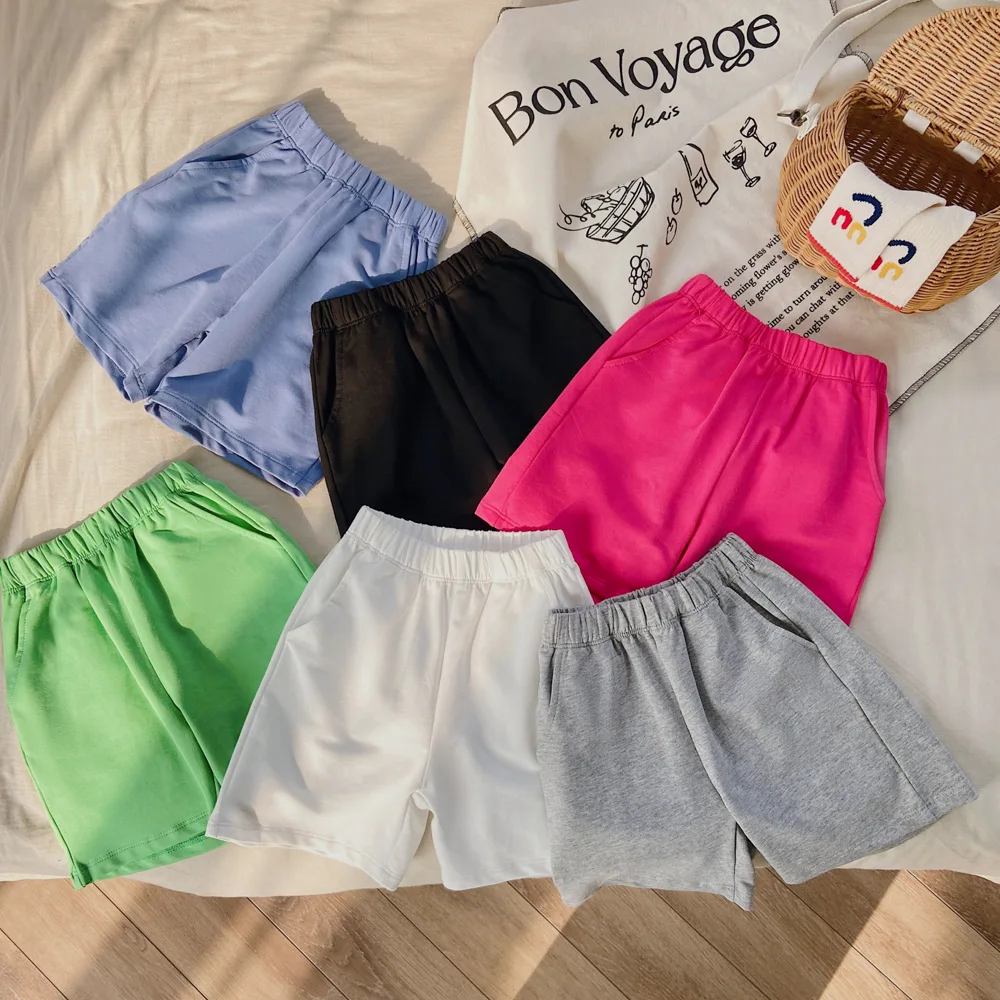 

Летние Шорты для девочек, новинка 2023, детские спортивные шорты, однотонные повседневные шорты для мальчиков