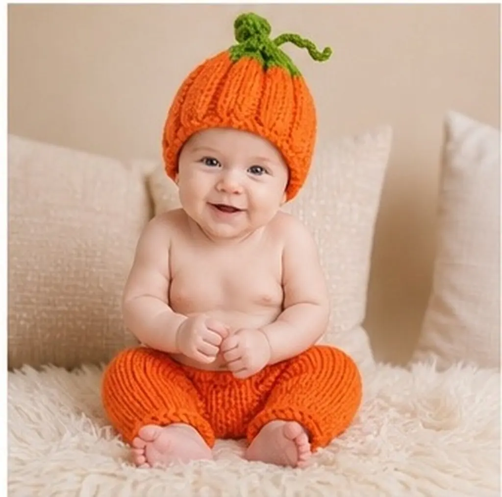 1Set Newborn Photography Outfit Handmade Crochet Knitted Baby Costume Orange Soft Comfortable Baby Shower Birthday Halloween