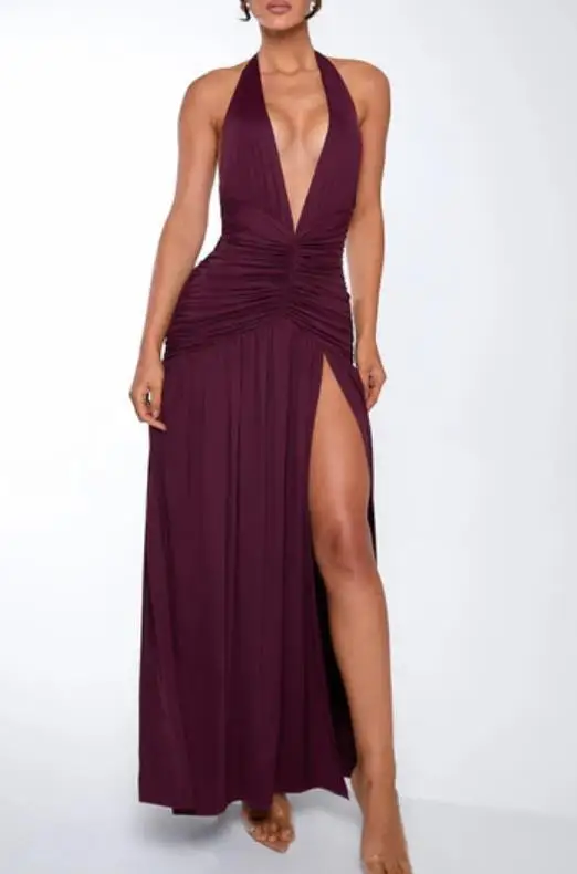 

Women Dresses 2026 Spring Summer New Solid Color Halter V-Neck Backless Sexy High Slit Pleated Waist Temperament Long Dress