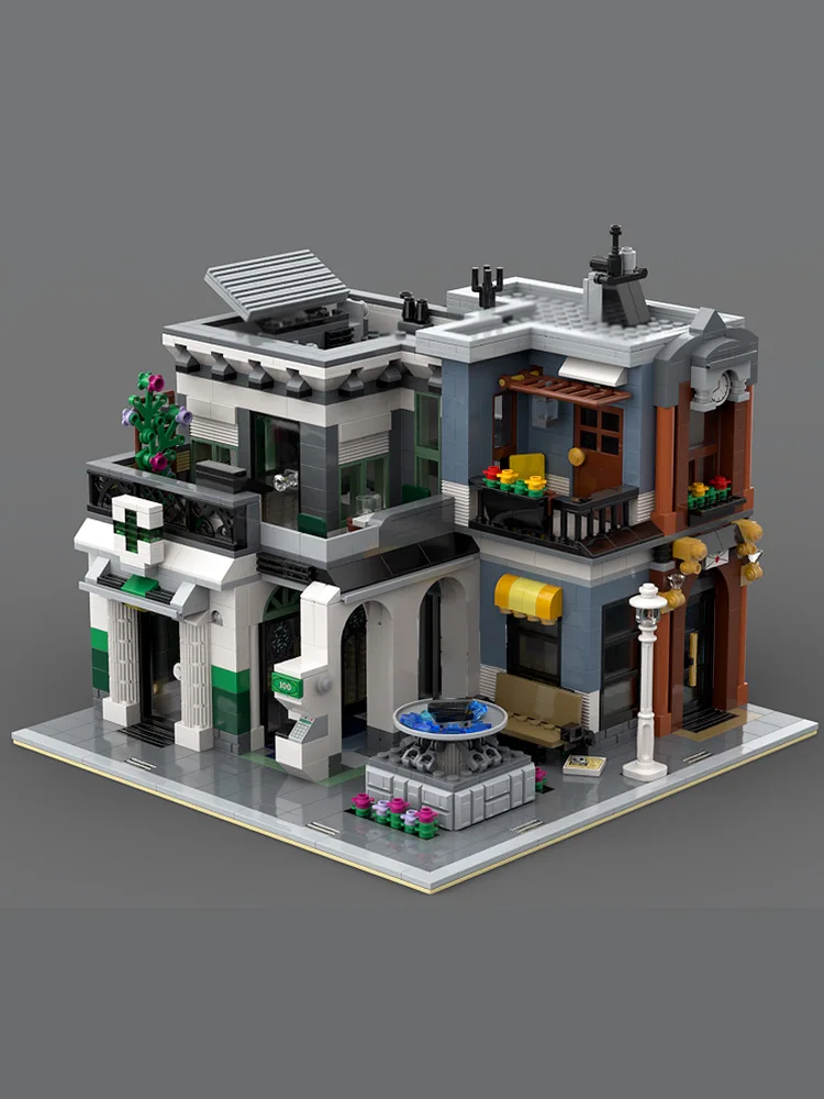 Street View Model MOC Building Bricks Pharmacie, Post Office And Apartment Modular Technology Children Holiday Gift Assemble Toy