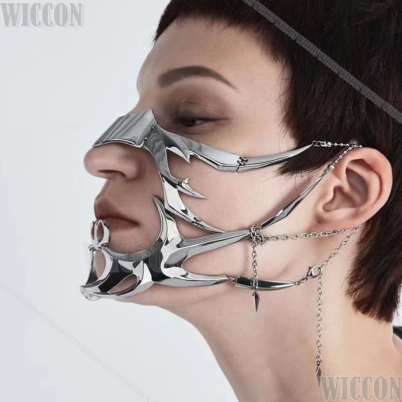 Facial Decoration Adjustable Accessory Cosplay Prop Sense of Future Technology Cyberpunk Metal Mask Shape Fluid Mechanical Style