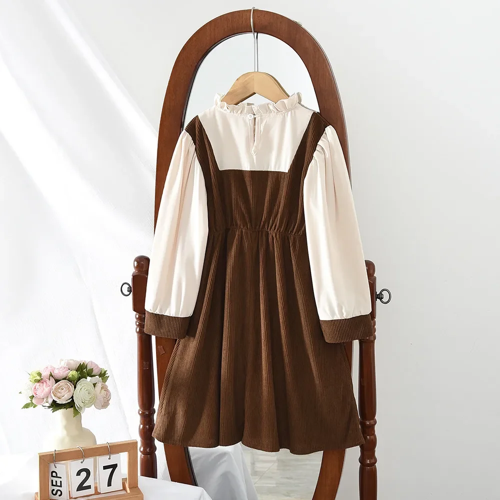 Spring and Autumn New 8-12 Year Old Girls Clothes Fake Two Piece Kids Dresses Bow Decoration Color Blocked Long Sleeved Dress