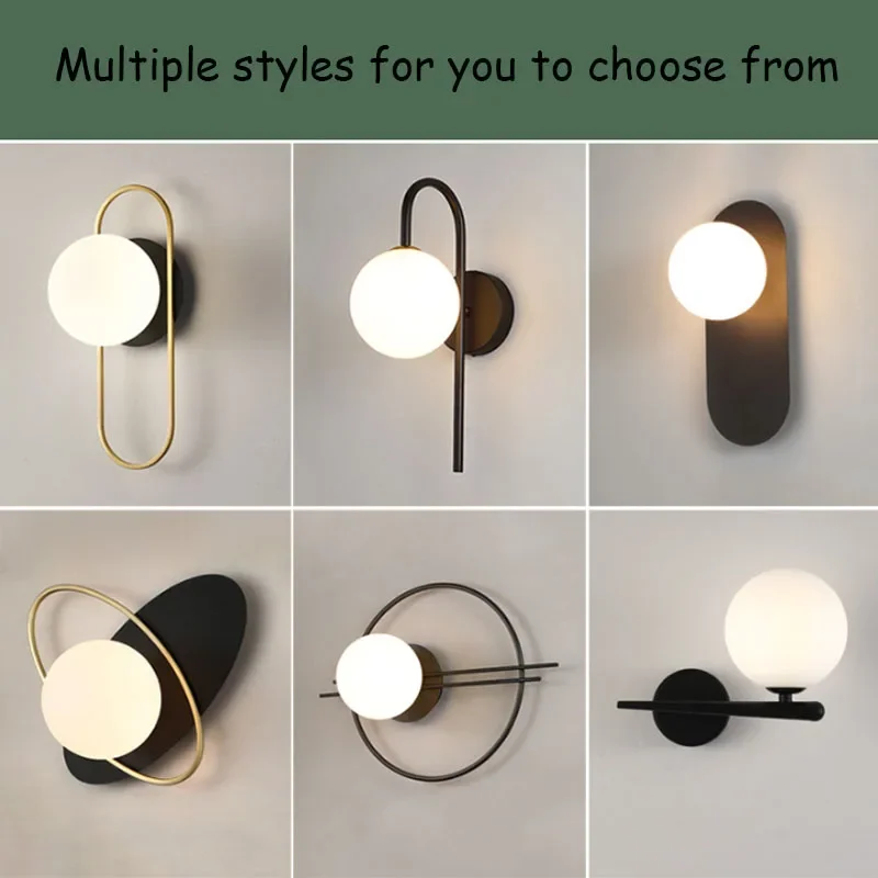 Modern Iron Glass 7w Led Wall Light Nordic Lustre Golden Black Ceiling Lantern Indoor Bedroom Lamp Living Room Wall-Sconce Torch