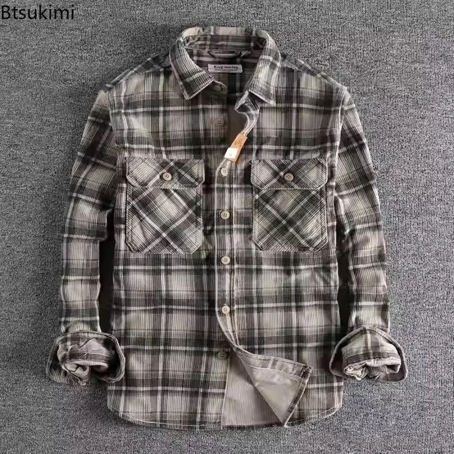 

Vintage Men's Long Sleeve Shirt Spring Autumn Fashion Comfortable Corduroy Trendy Classic Plaid Shirts Top Daily Versatile Coats
