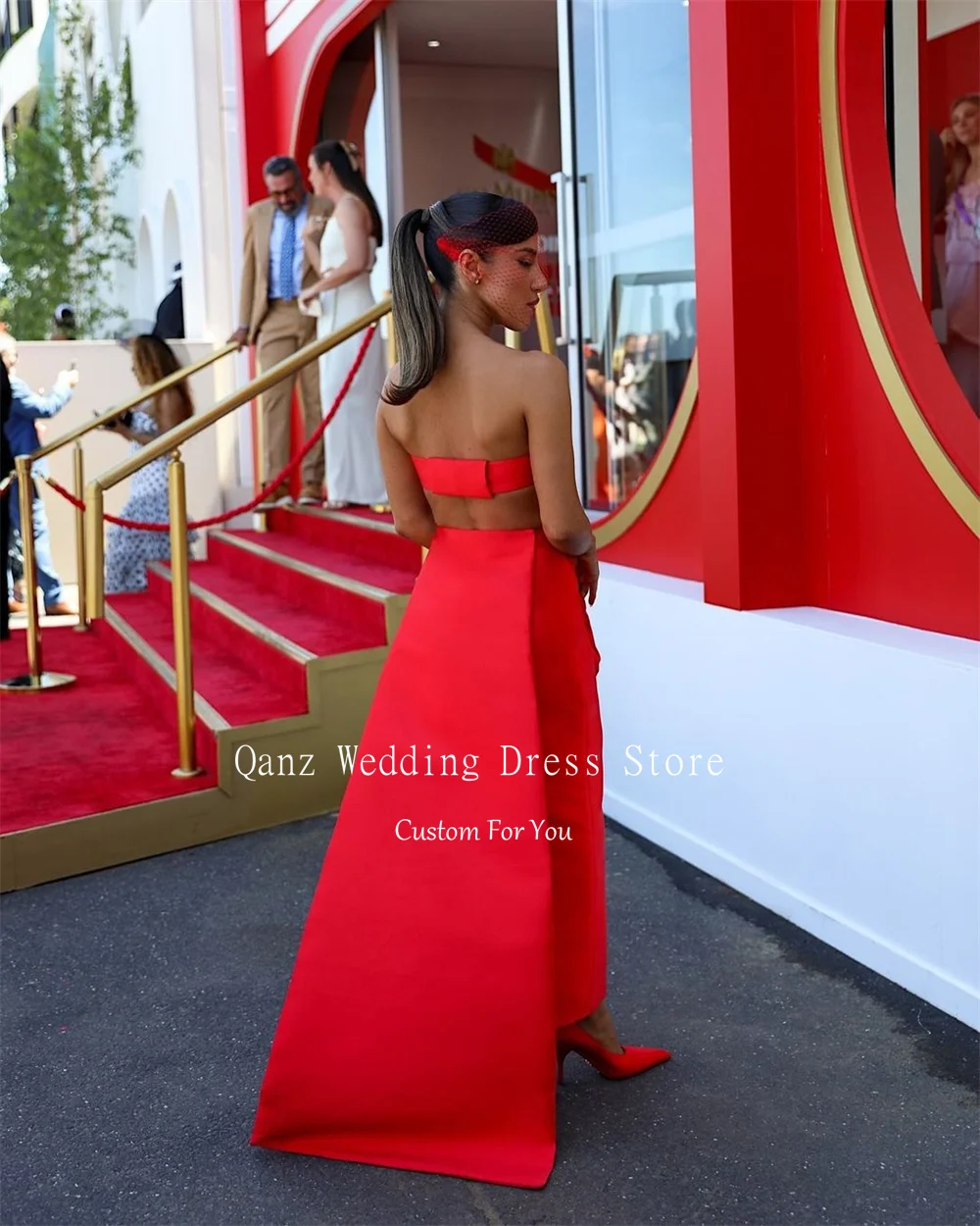Qanz Dubai Red  Prom Dresses Vintage Satin Mermaid Strapless Wedding Party Dress Backless Evening Dresses Women Customized