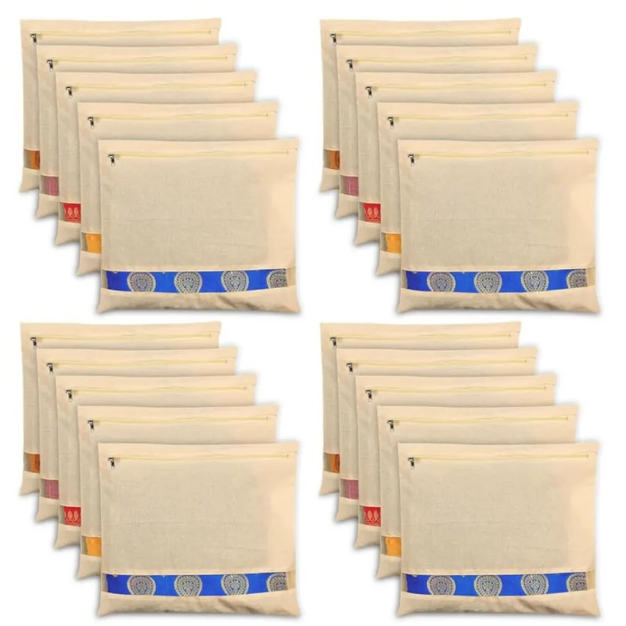 Cotton Saree Covers with ZIP - Pure Cotton Big Size 16.5×14.5 Inches Single Sari Storage Bags/Cover/Pouches for Packing New Sad