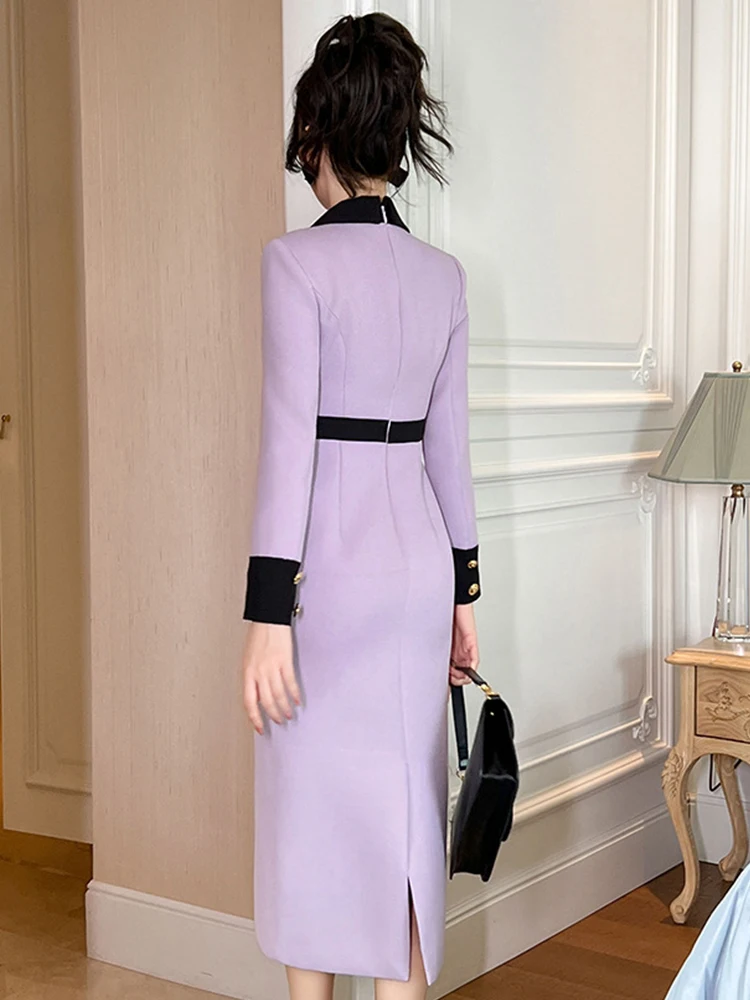 Elegant Fashion Women's Business Dress Celebrity Purple Black Contrast Single Breasted Slim Midi Robe Office Lady Vestido Spring