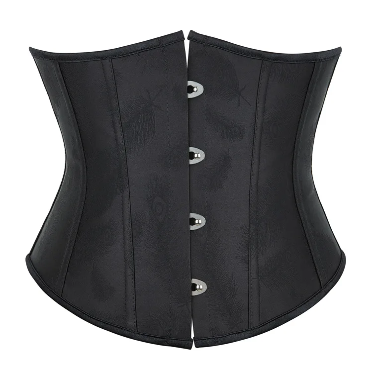 Women Short Underbust Corset Waist Trainer Belt Satin Feathers Patterned Steel Buckle Corset Vintage Lace-Up Bodice Shaper Tops