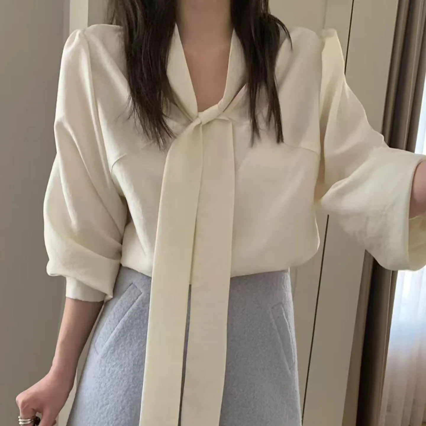 

Ele Long Sve Commute irt with Sa Front And Ba Wear Vintage Knot Chic Agel Design French Sle Loose...