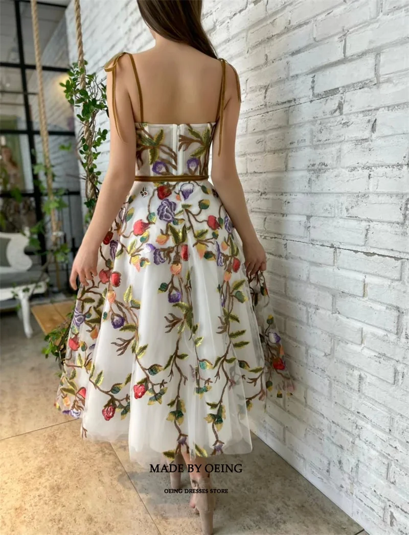 OEING Tule Bow Spagehetti Strapes Floral Beading Vestidos de Noite Homecoming Vestido de comprimento Charming Chic Prom Vestidos