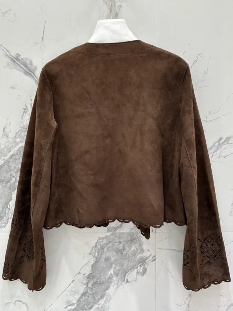 Female Embroidery Hollow Out Autumn Winter Short Coat Vintage Genuine Suede Jacket Slim Fit Round Collar Fashion Women Elegant