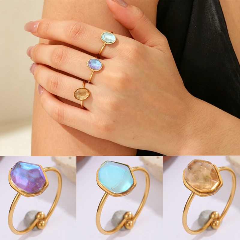Boho Irregular Natural Crystal Rings for Women Stainless Steel Adjustable Colorful Zircon Open Rings Waterproof Jewelry Gifts