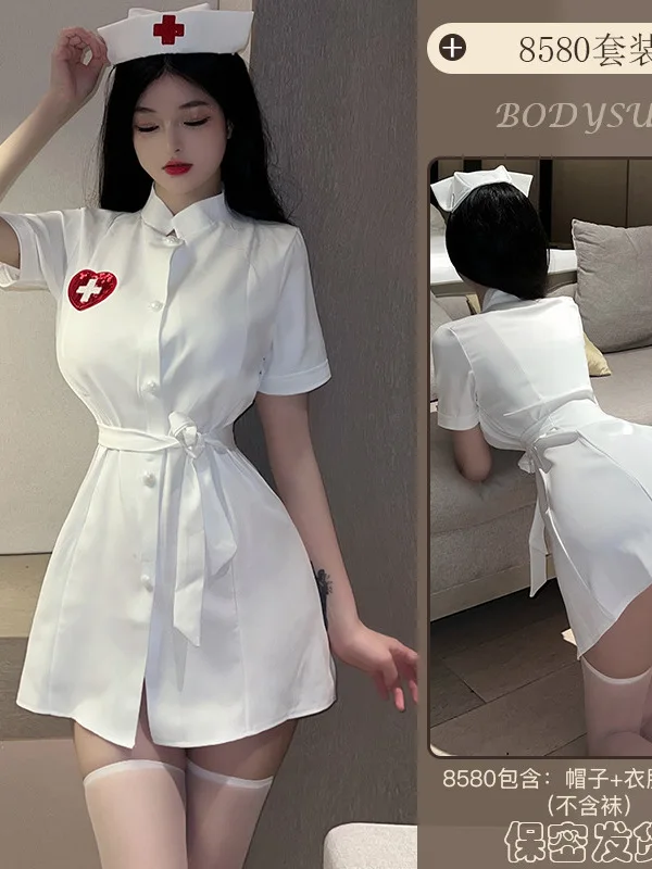 Sexy Nurse Performance Costumes Tie Up Female Off White Belt Loose Dress Role-playing JK Uniform Soft Girl Trendy Clothes  2V9U