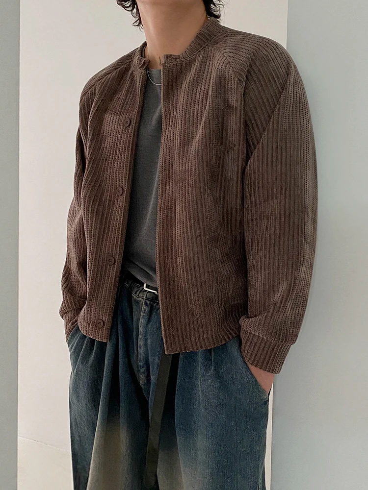 

Laid-ba Sle ort Loose Fit round Ne Jaet Men's Autumn Winter Casual Outerwear Korean Trend Simple Top Polyester Fiber