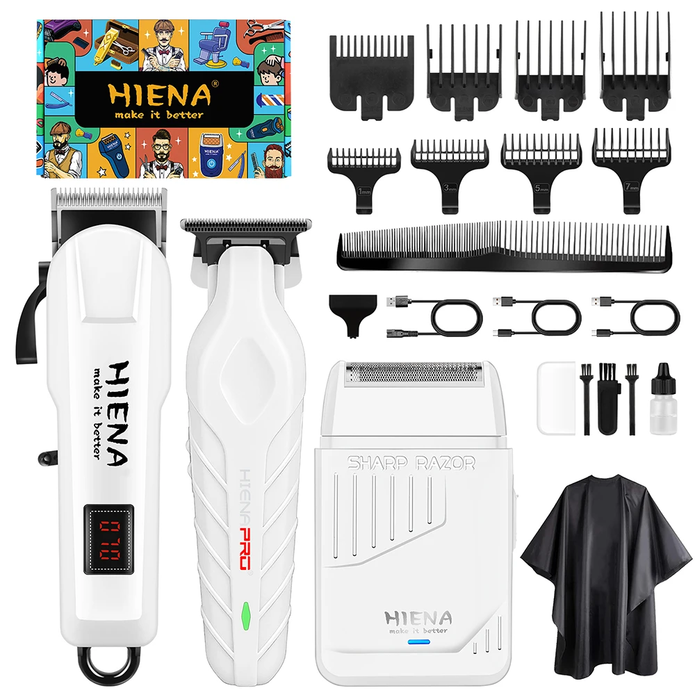 Kit de Cortadora de Cabello HIENA Pro, Set de 3 Piezas Inalámbrico con Pantalla LED, Carga Rápida USB para el Hogar y Salón