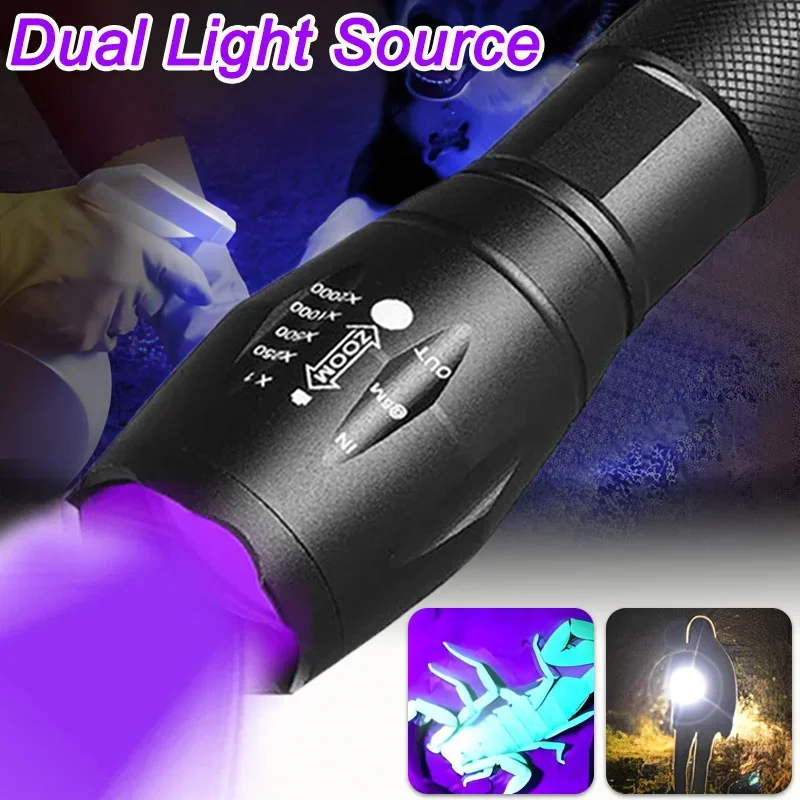 Purple White Dual Light Flashlight Ultraviolet Torch Zoom Retractable UV Flashlight Fluorescent Agent Detection Lighting Lamp