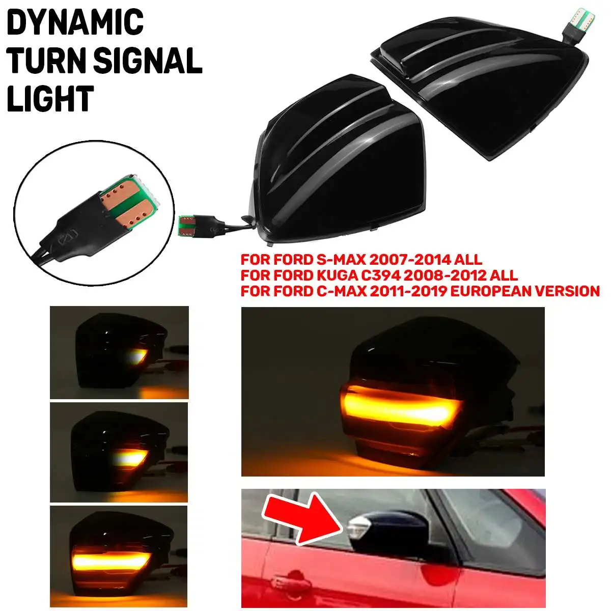 Pair LED Dynamic Rearview Side Mirror Light Turn Signal Light Indicator Blinker Lamp for Ford S-Max Kuga C394 C-Max 2011-2019