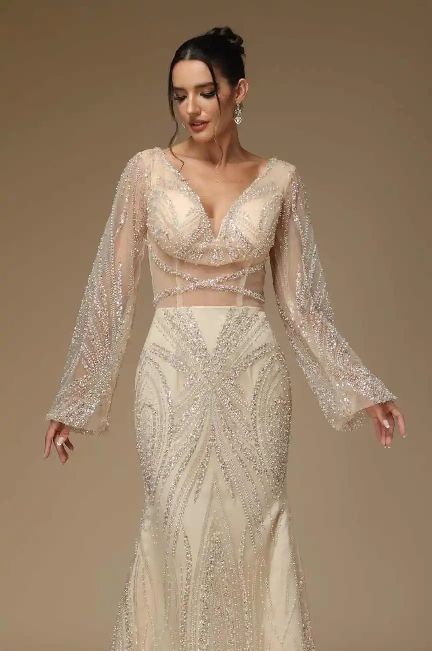 فساتين سهرة رائعة حورية البحر على شكل حرف v مطرز بالكريستال وأكمام طويلة فستان حفلات فستان الحفلات Fساتين Sherese مصنوع حسب الطلب