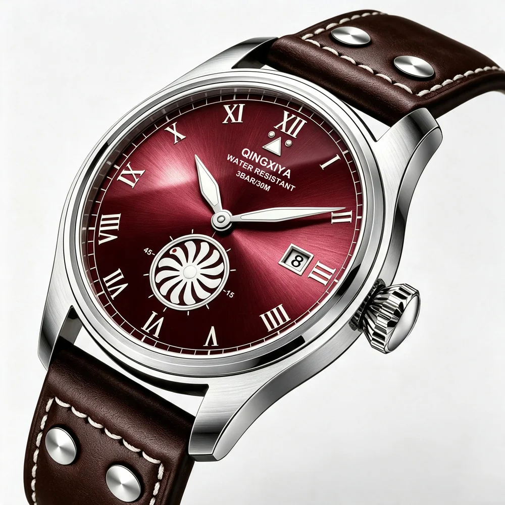 QINGXIYA Marken-Modeuhren für Herren, Turbinen-Sekundenanzeige, Quarzuhr für Männer, Hochwertige Leder-Armbanduhr, Wasserdicht, mit Datumsanzeige – Detail 14