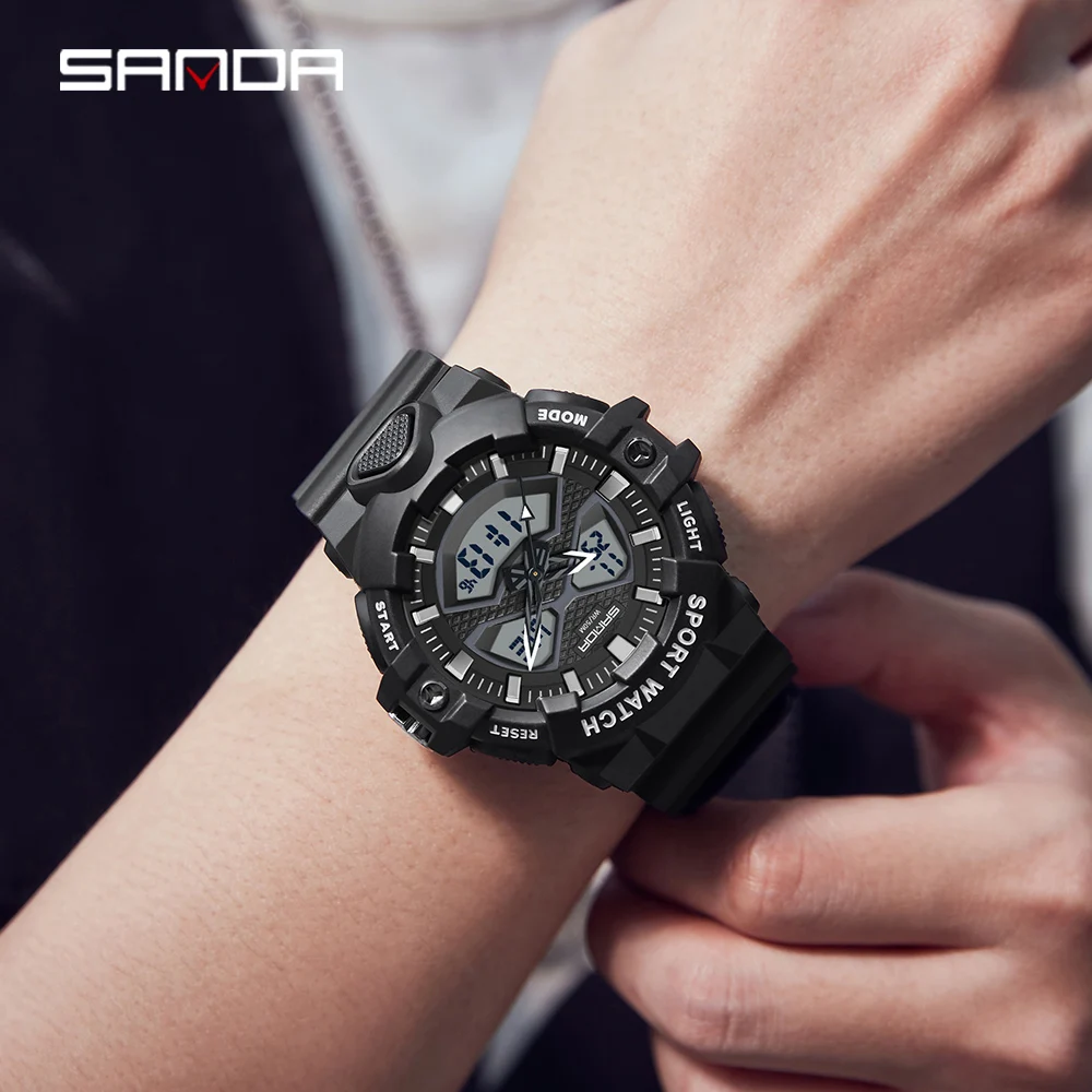 SANDA Top Men Watches Waterproof Sports Watch Military Man Alarm Stopwatch Dual Display Quartz Wristwatch Male LED Digital Clock