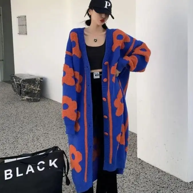 Sweater Coat Long Loose Knit Cardigan In Lazy Wind Thick Loose Patchwork With Buttons Long Sweater Coat Long Sleeve Overcoat New