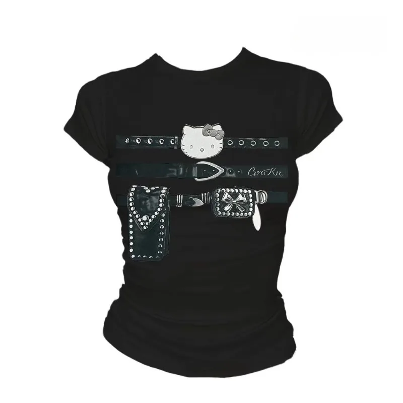 

American Kawaii Sweet Cartoon Print T-shirt Summer Harajuku Hottie Black Short-sleeved Tees Women's Punk Aesthetic Slim-fit Tops