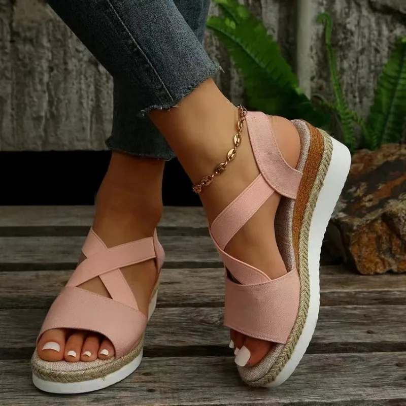 Damskie sandały na koturnie 2024 nowe letnie sandały na platformie z wystającym palcem espadryle buty dla kobiet Retro Outdoor damskie sandały na co