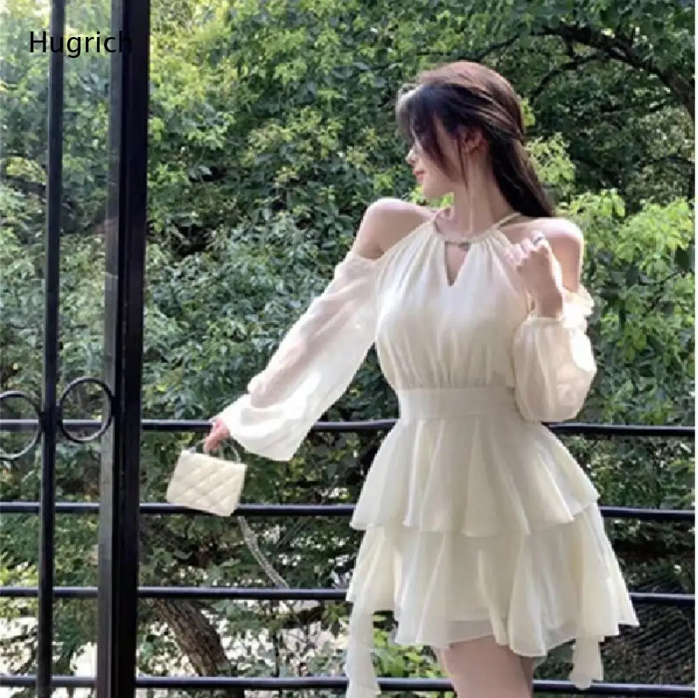 Summer Women Cold Shoulder Halter Neck Mini Dress with Long Sleeves and Tiered Ruffled Flowy Skirt