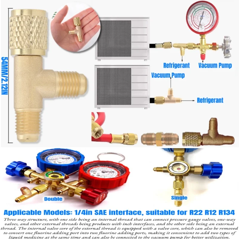 Тройник быстрого соединения с сердечником клапана, латунь, 1/4 дюйма, интерфейс SAE, раструб FFL и MFL, прочная конструкция, подходит для R22 R12 R134