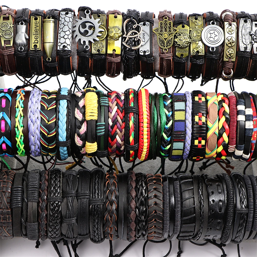 Wholesale Bulk 50Pcs/Lot Handmade Cuff Wrist Leather Bracelets For Men Women Jewelry Gifts Mix Styles Size Adjustment - Detail 1