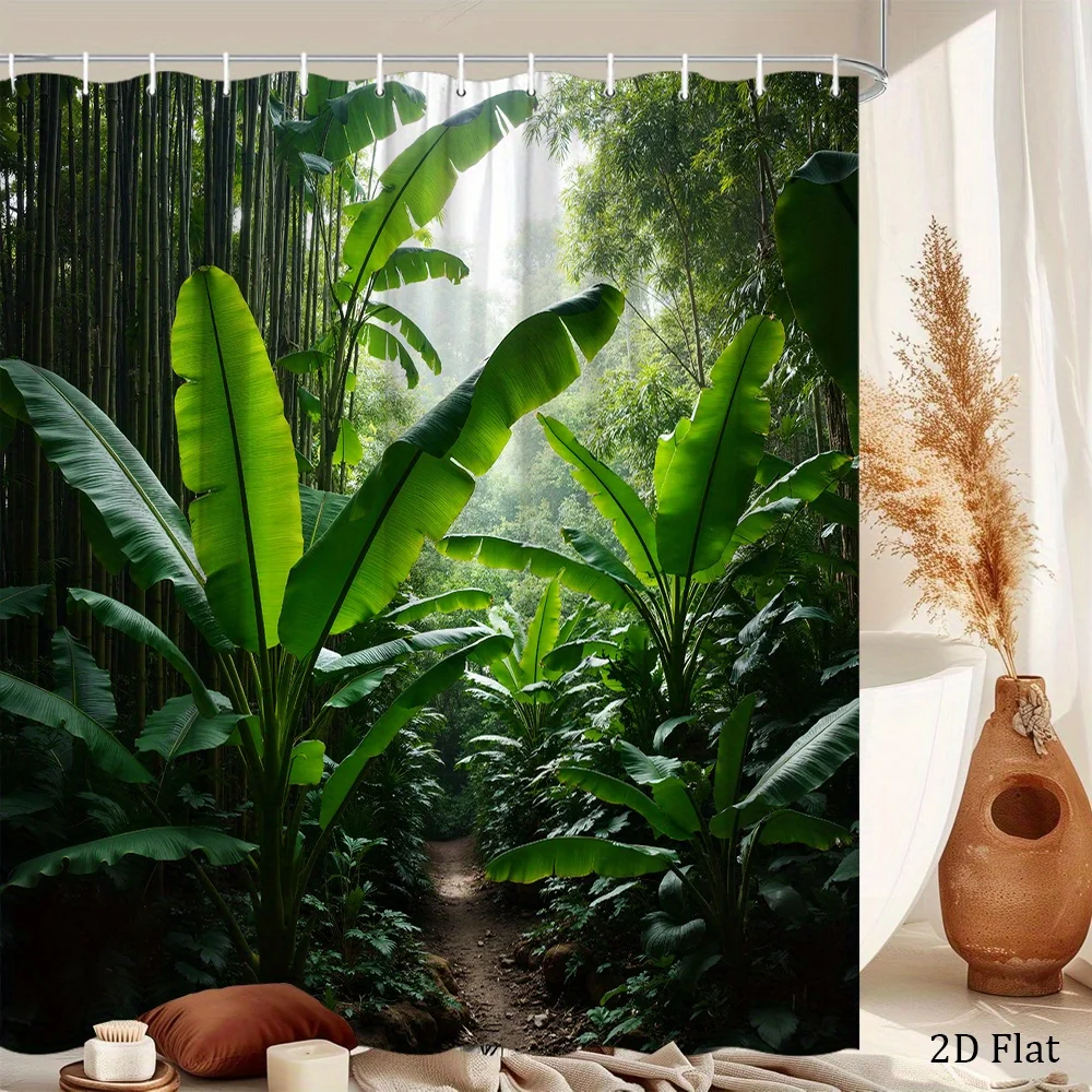 

1pc Tropical Forest Shower Curtain with Vibrant Green Banana Leaves & Bamboo Stalks Design, Dappled Sunlight Effect