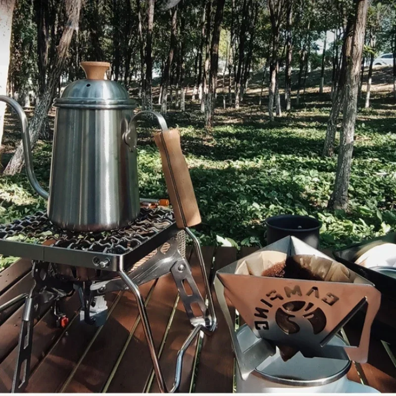 Portable Camping Outdoor Tableware Stainless Steel Long Billed Coffee Pot Wood Handle Anti Scalding Teapot Picnic Kettle Gadget