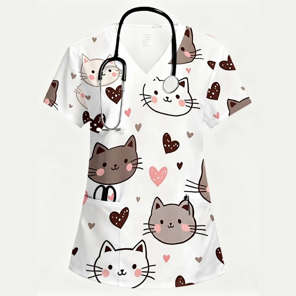 Surgical Uniforms Woman V-Neck Short Sleeve Work Uniform Tops Soft Suitable Dental Pet Shops Pink Hearts Print Women's Scrub Tee