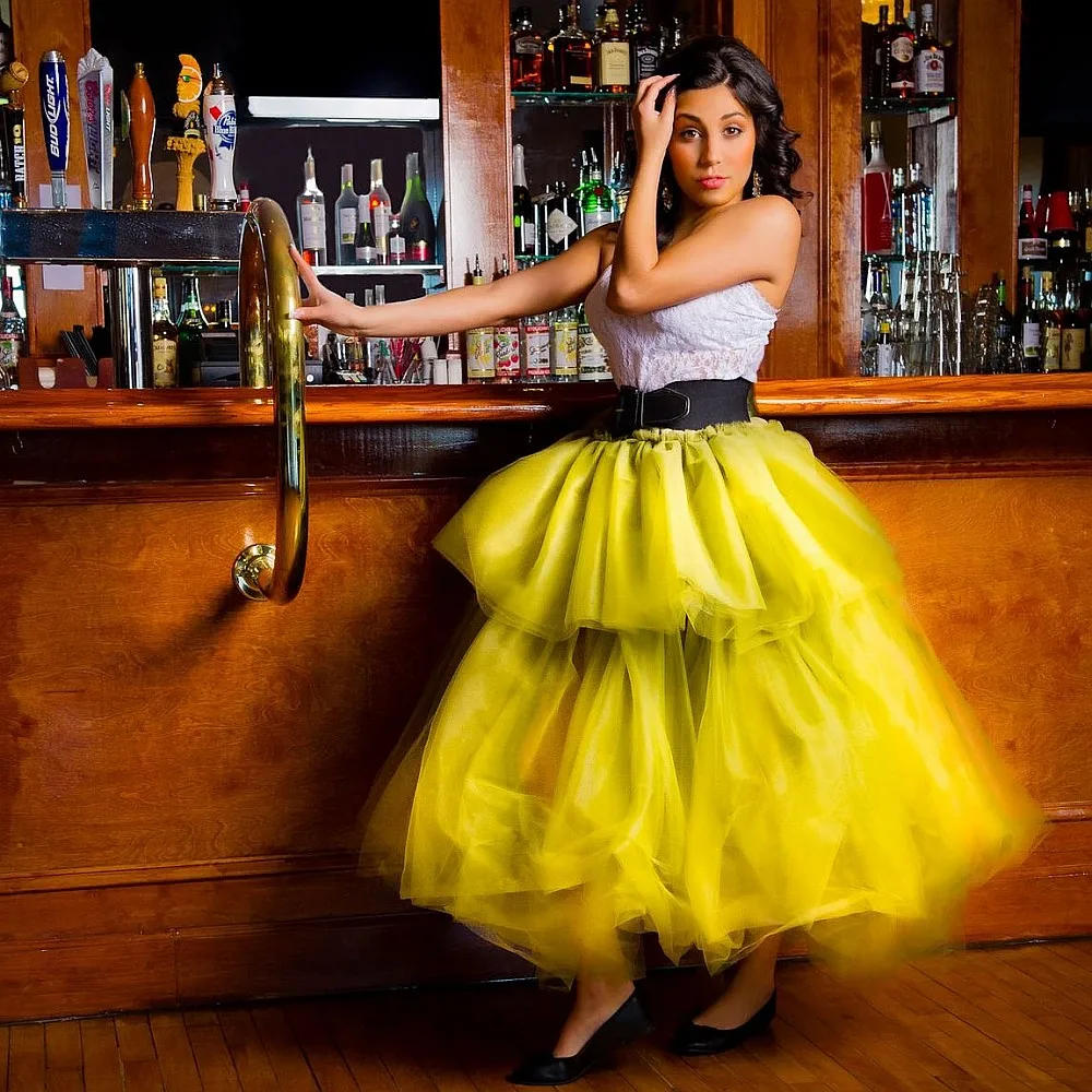 

Желтая тюлевая юбка на день рождения с эластичной резинкой на талии, многоуровневая юбка-пачка до щиколотки, макси-юбка для женщин, официальная одежда, свадебные вечерние юбки