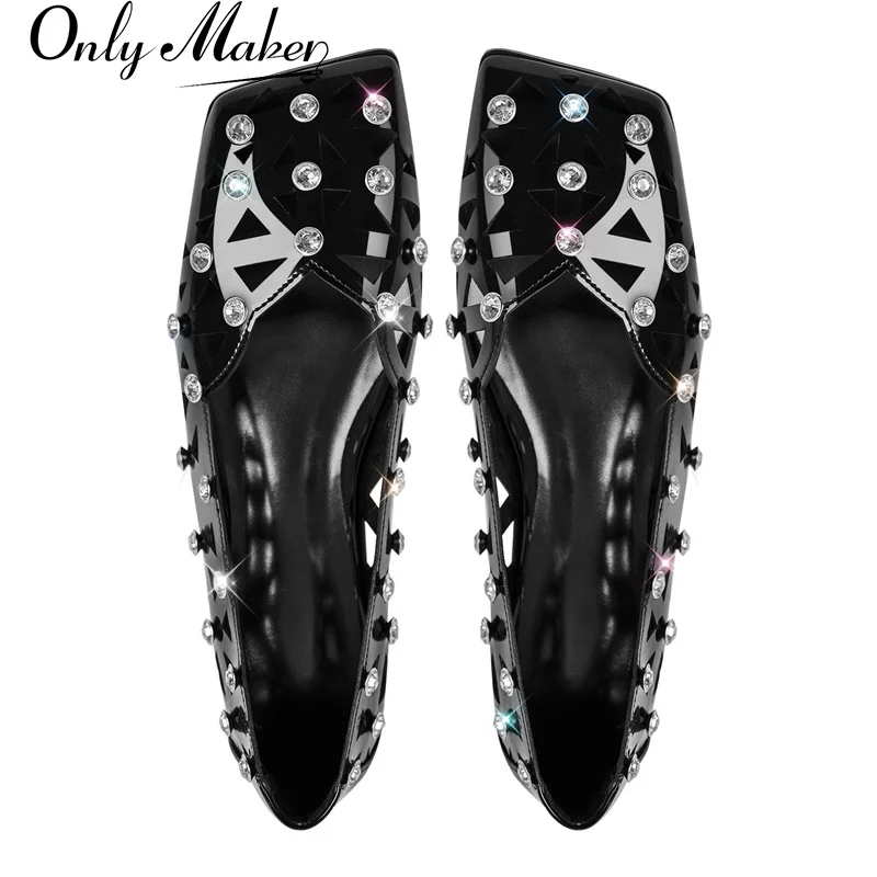 Onlymaker Woman Rhinestone Hollow Square Toe Flats Slip On Black Fashion Daily Flat Shoes