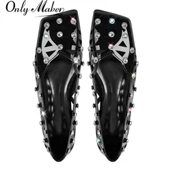 Onlymaker Woman Rhinestone Hollow Square Toe Flats Slip On Black Fashion Daily Flat Shoes